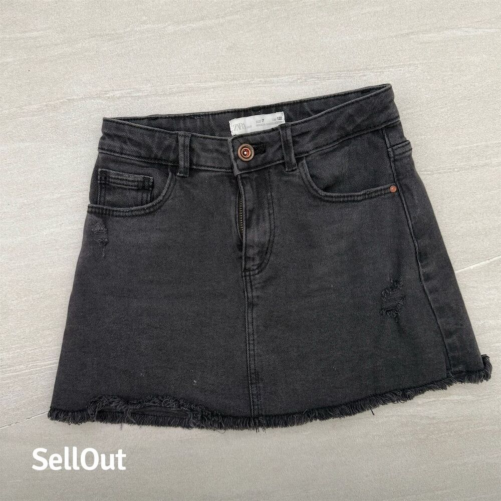 Zara Kids Black Denim Mini Skirt M Frayed Hem Distressed Casual